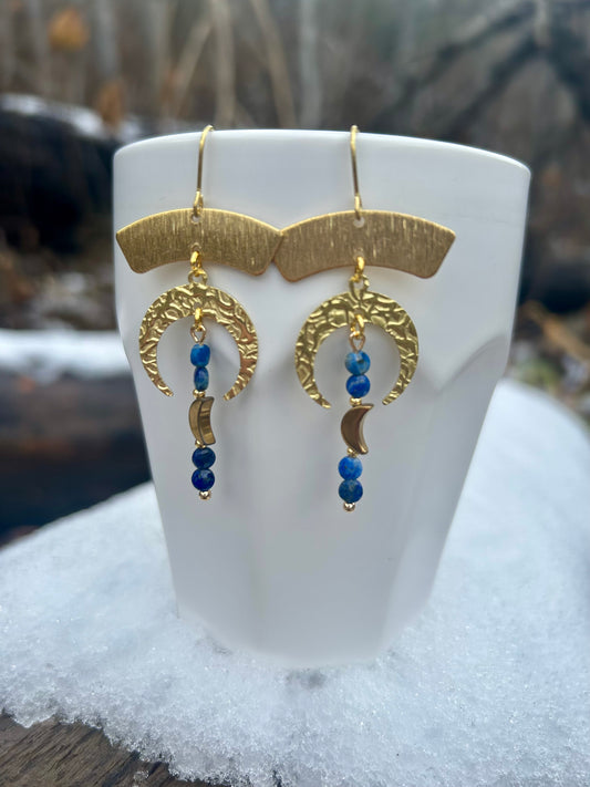 Blue Sardonyx Crescent Moon Brass Earrings