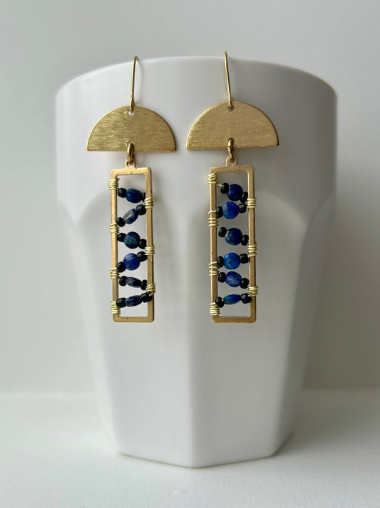 Blue Sardonyx Wrapped Brass Earrings