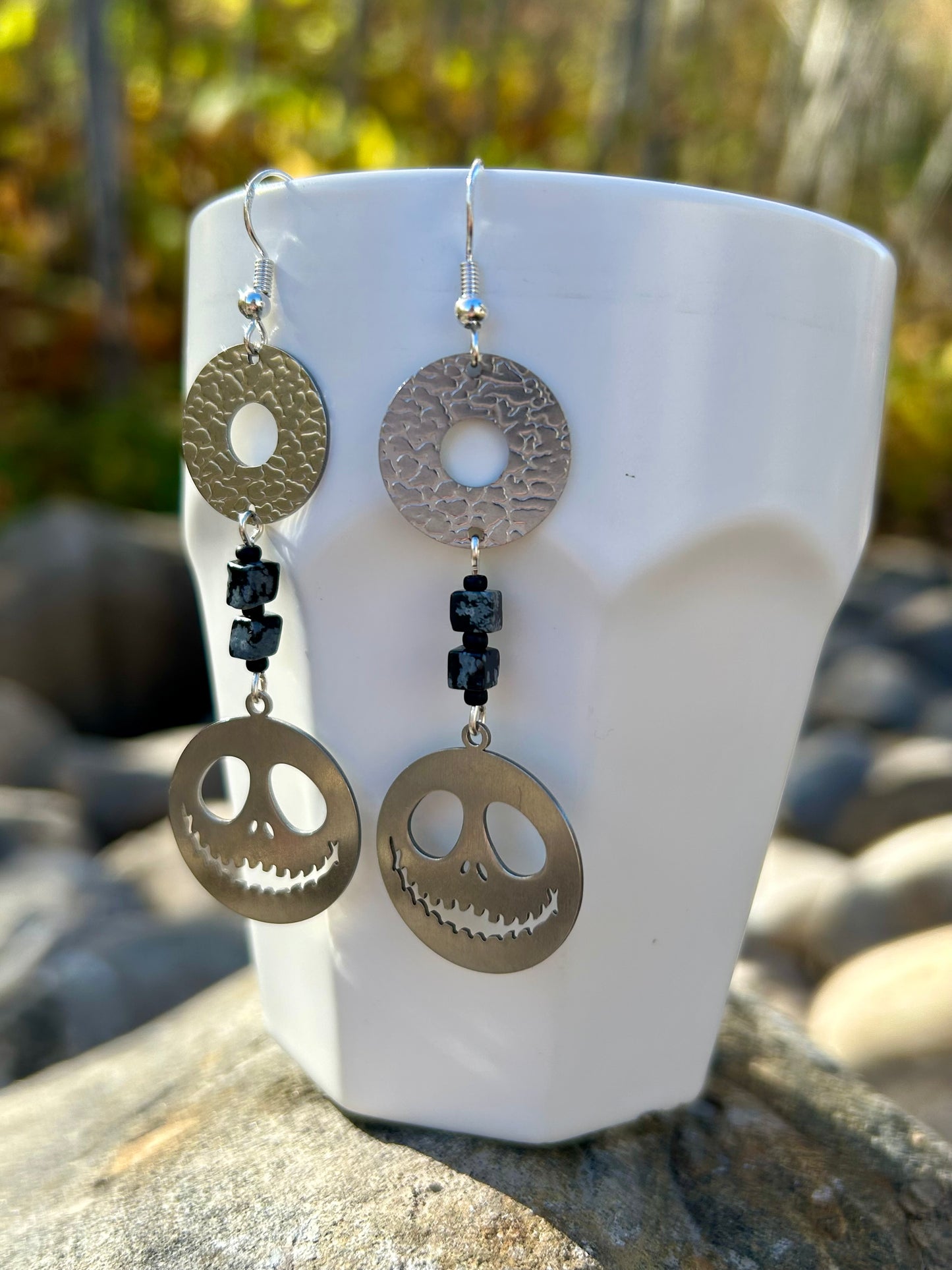 Silver Pumpkin Face Circle Earrings