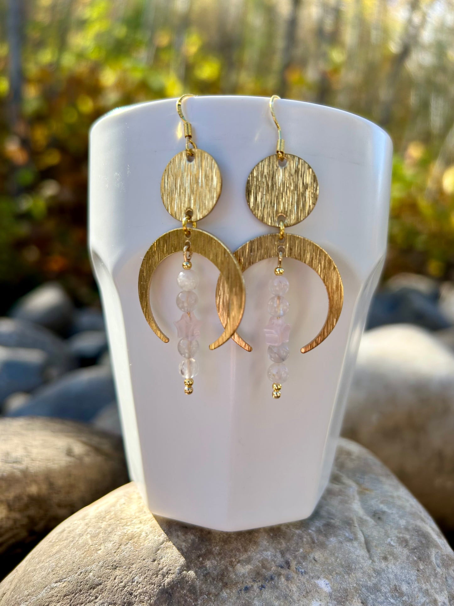 Crescent Moon Circle Rose Quartz Brass Earrings