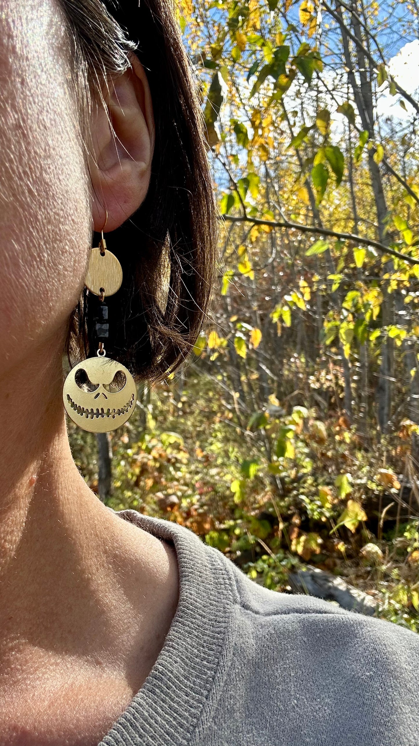 Pumpkin Face Snowflake Obsidian Brass Earrings