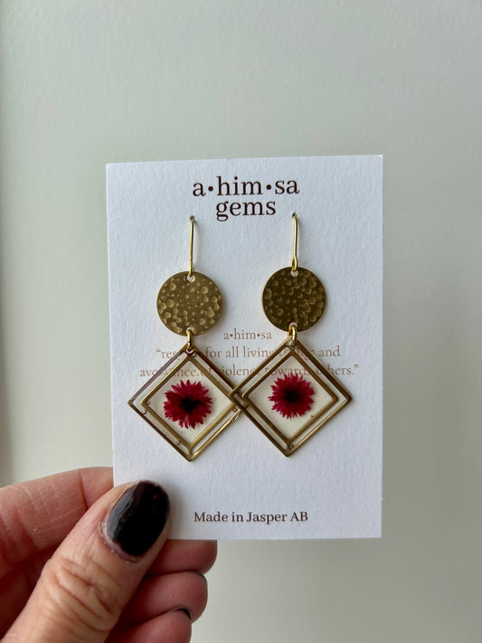 Tiny Red Flower Epoxy Brass Earrings