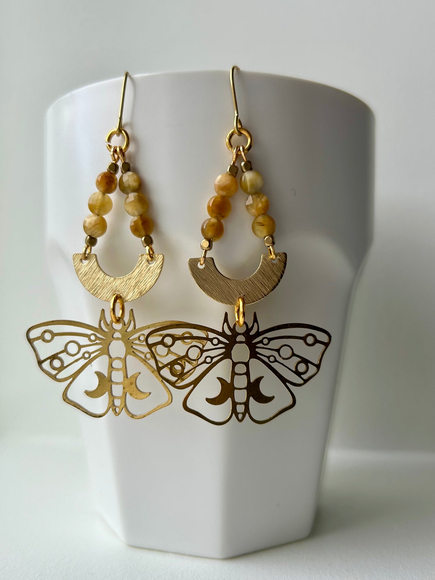 Golden Tiger Eye Moth Brass Earrings