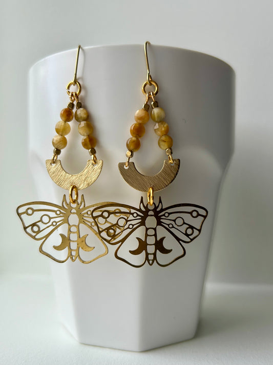 Golden Tiger Eye Moth Brass Earrings