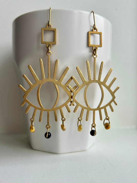 Golden Tiger Eye Third Eye Brass Earrings