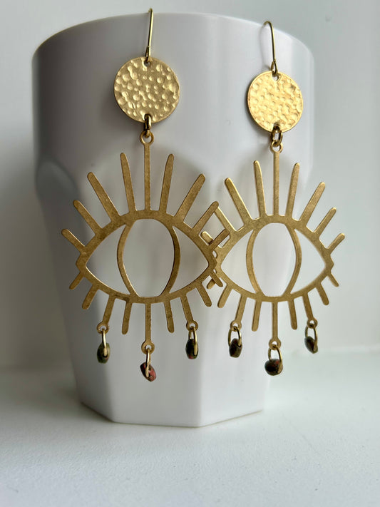 Unakite Third Eye Brass Earrings