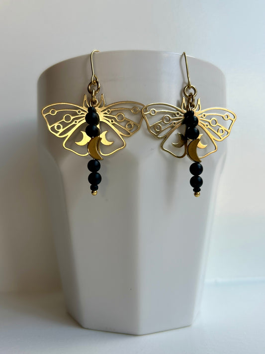 Black Onyx Moth Brass Earrings