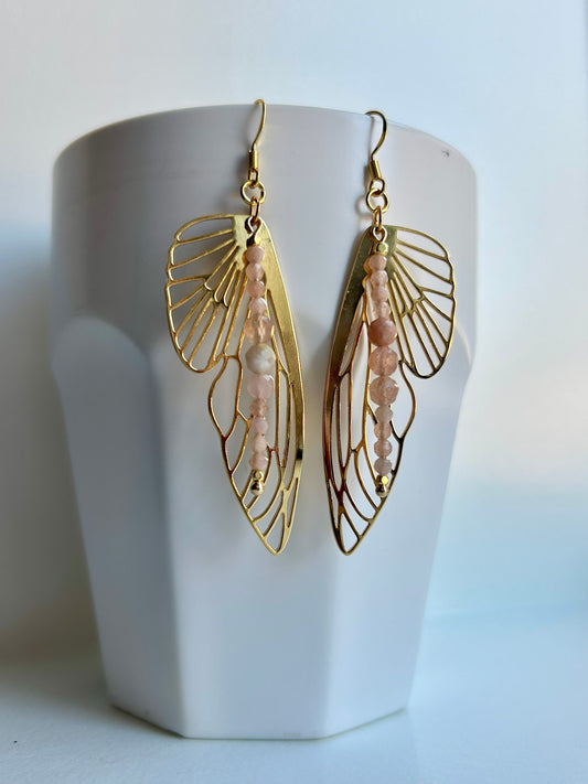 Wings of Moonstone Brass Earrings