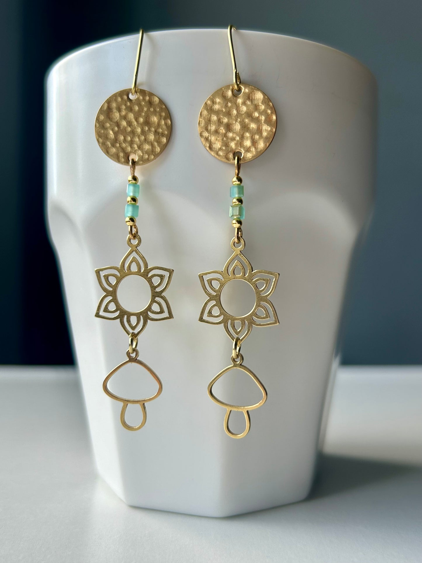 Blooms and Shrooms Chain Brass Earrings