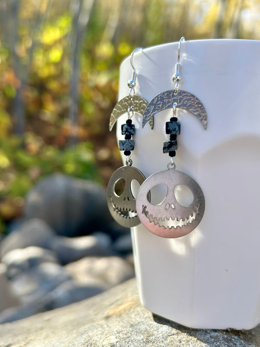 Silver Pumpkin Face Crescent Earrings