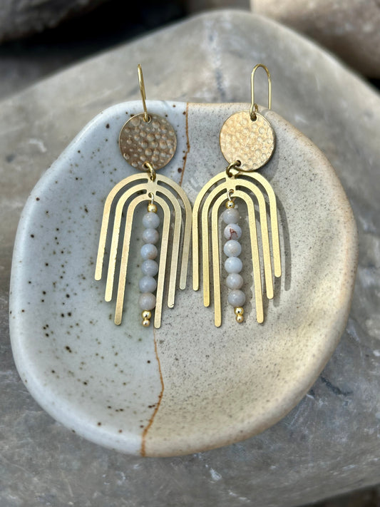 Angelite Arches Circle Dot Brass Earrings