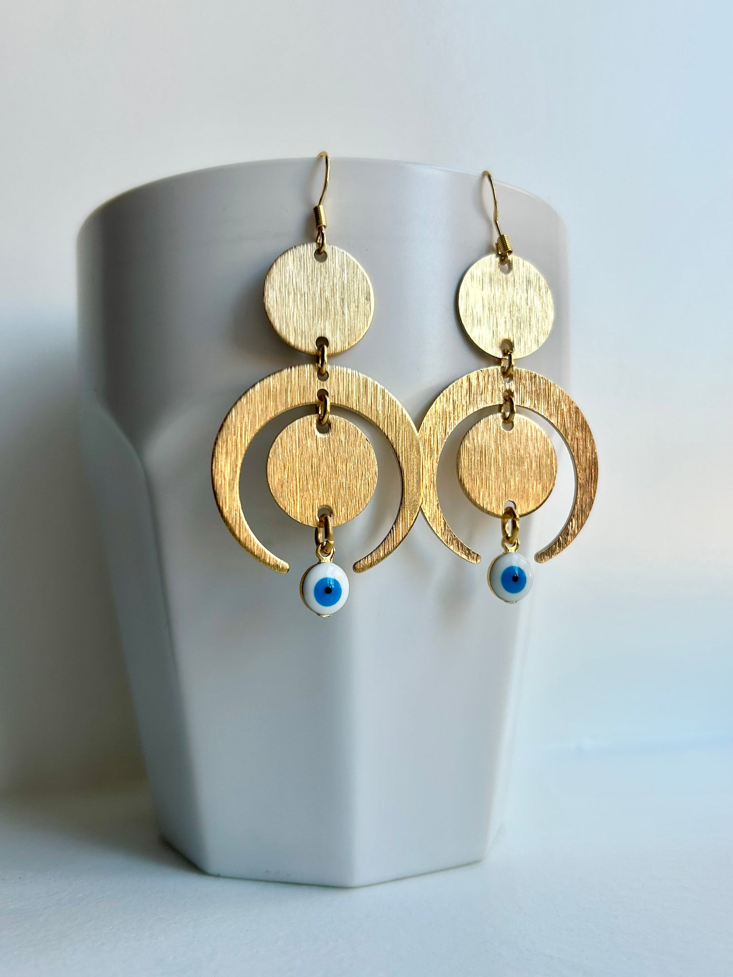 Crescent Moon Evil Eye Brass Earrings