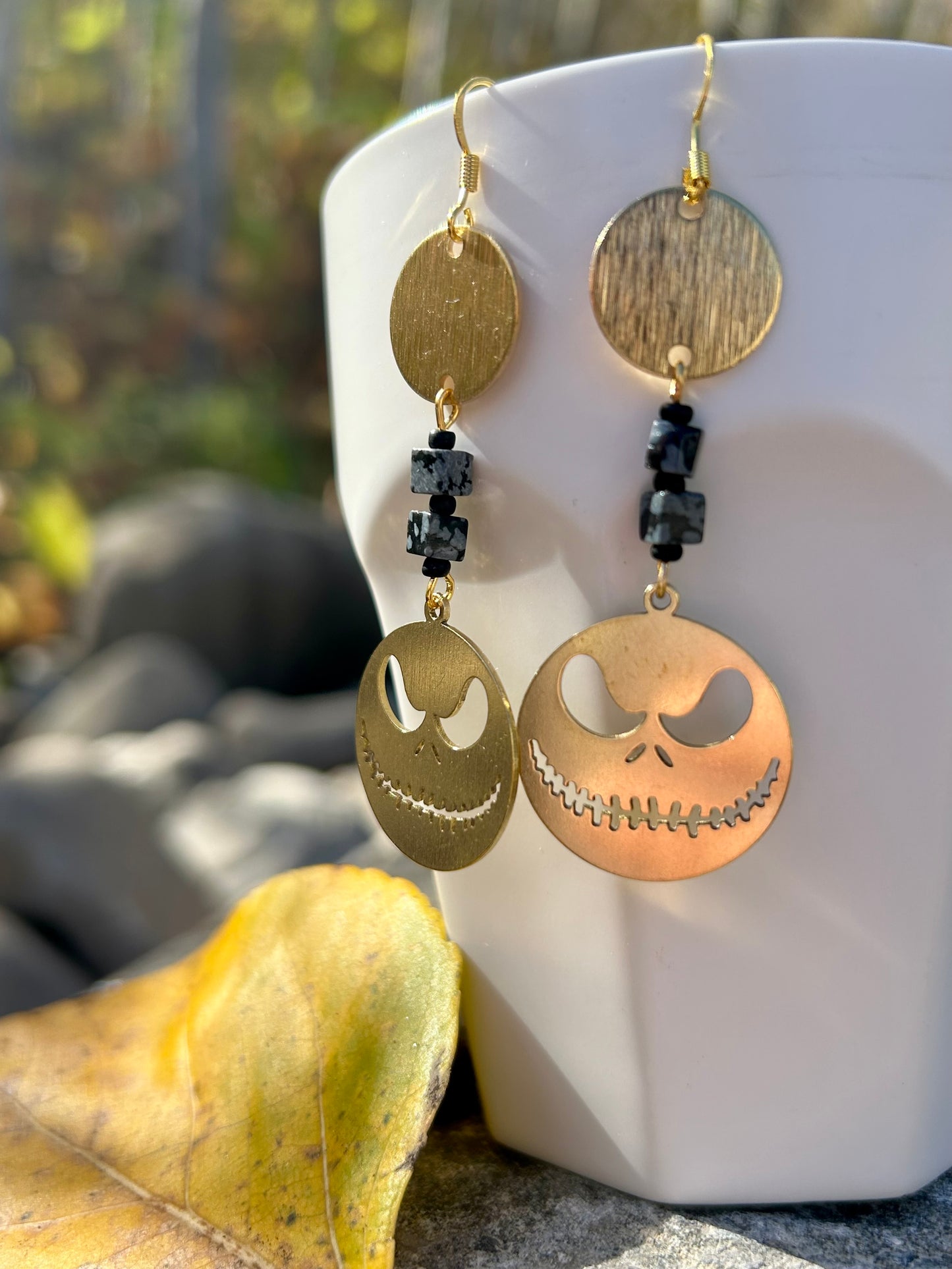 Pumpkin Face Snowflake Obsidian Brass Earrings