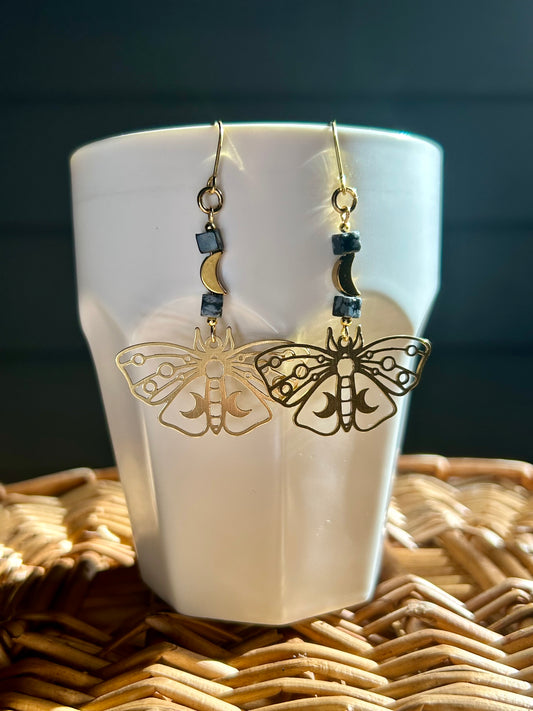 Snowflake Obsidian Moth Brass Earrings