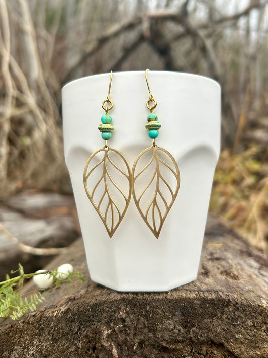 Turquoise Brass Leaf Earrings