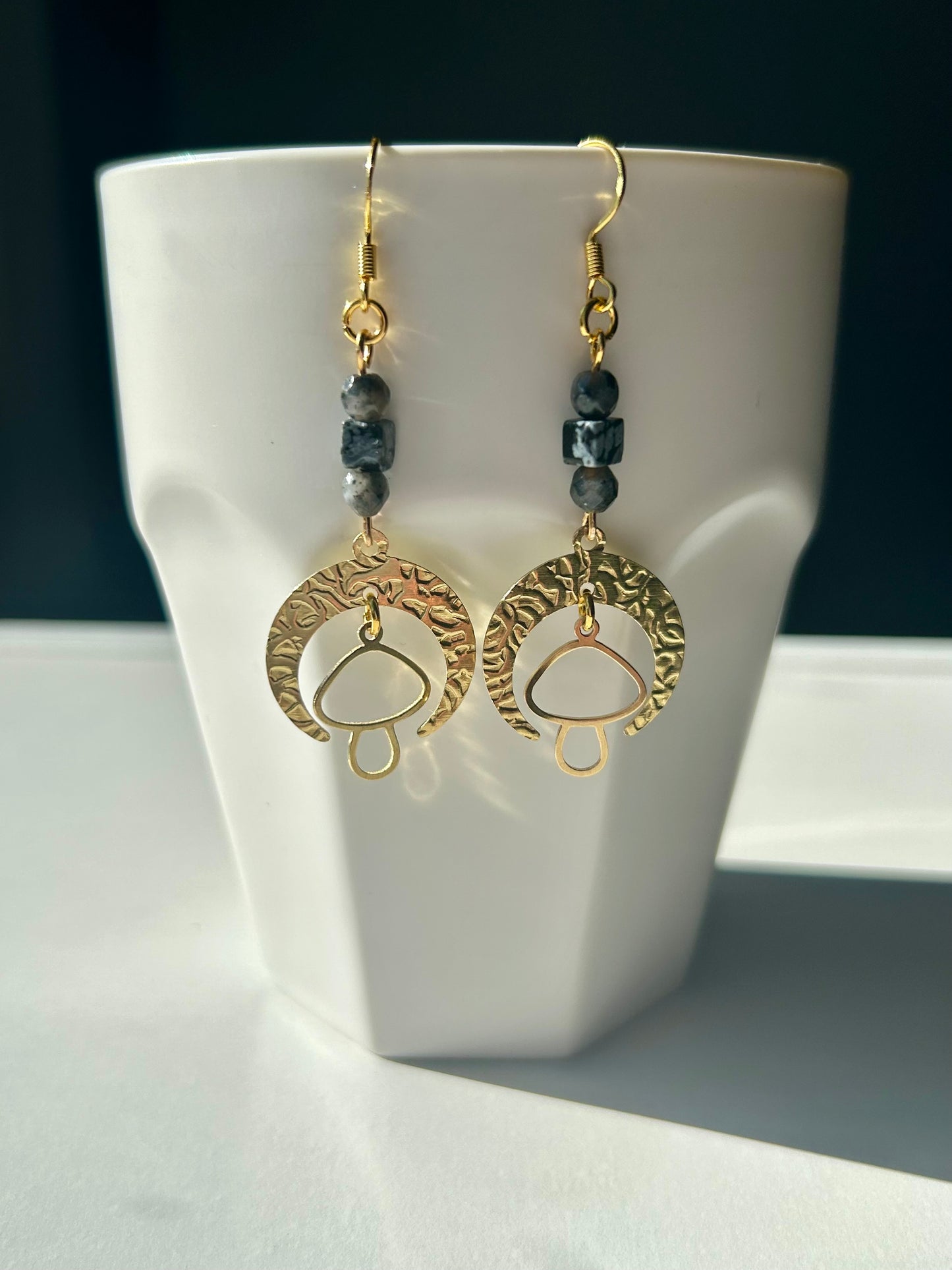 Moon Shroom Snowflake Obsidian Brass Earrings