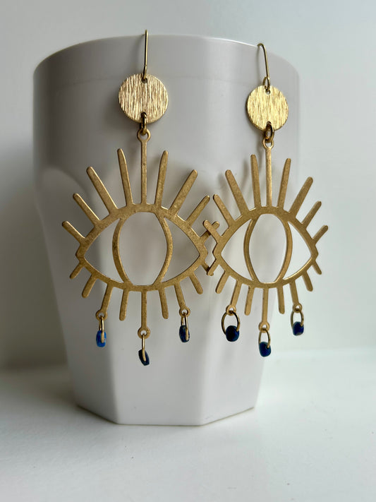 Blue Sardonyx Third Eye Brass Earrings