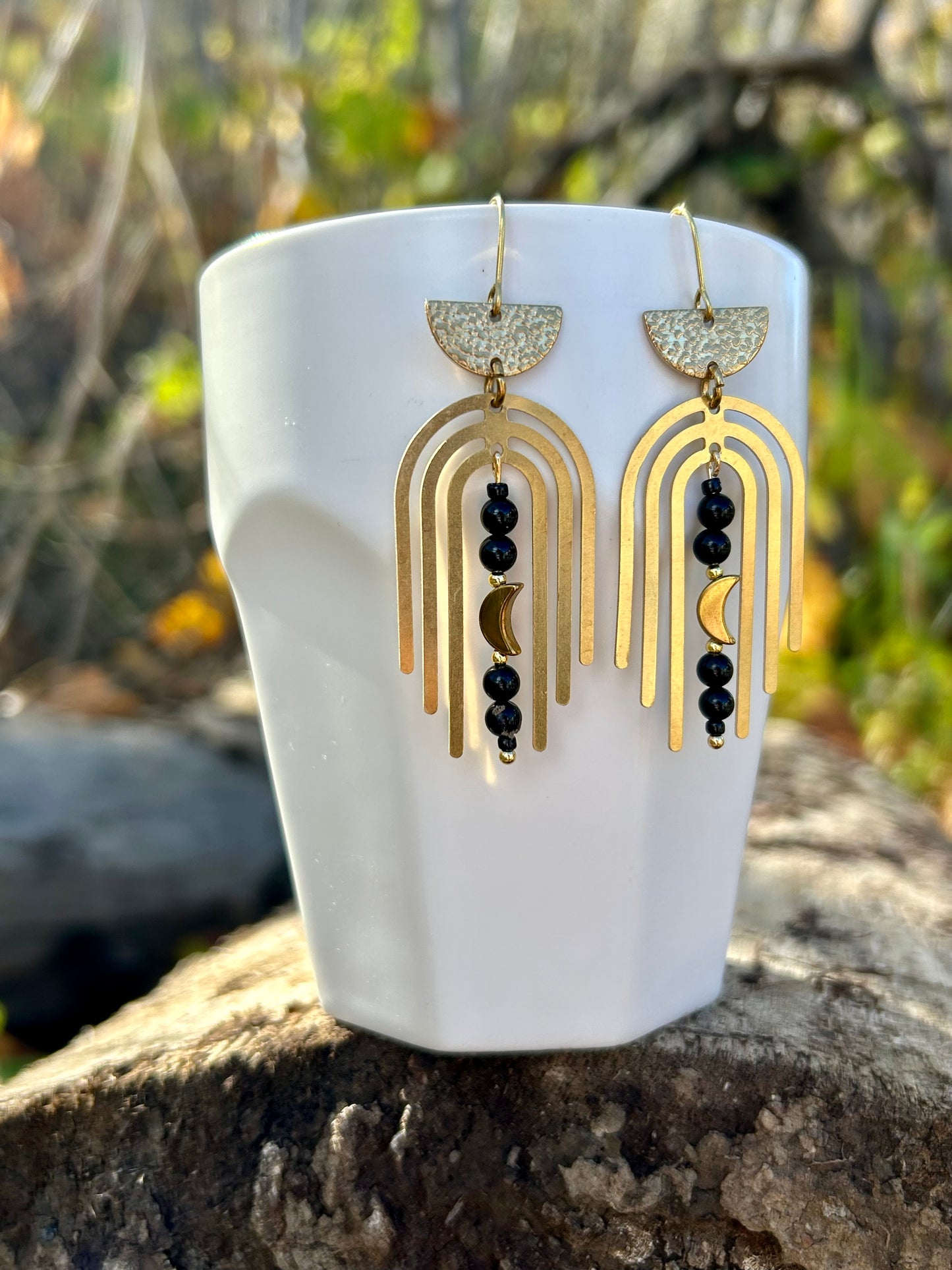 Black Onyx Moon Arches Brass Earrings