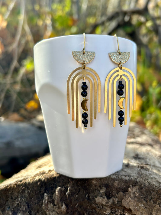 Black Onyx Moon Arches Brass Earrings