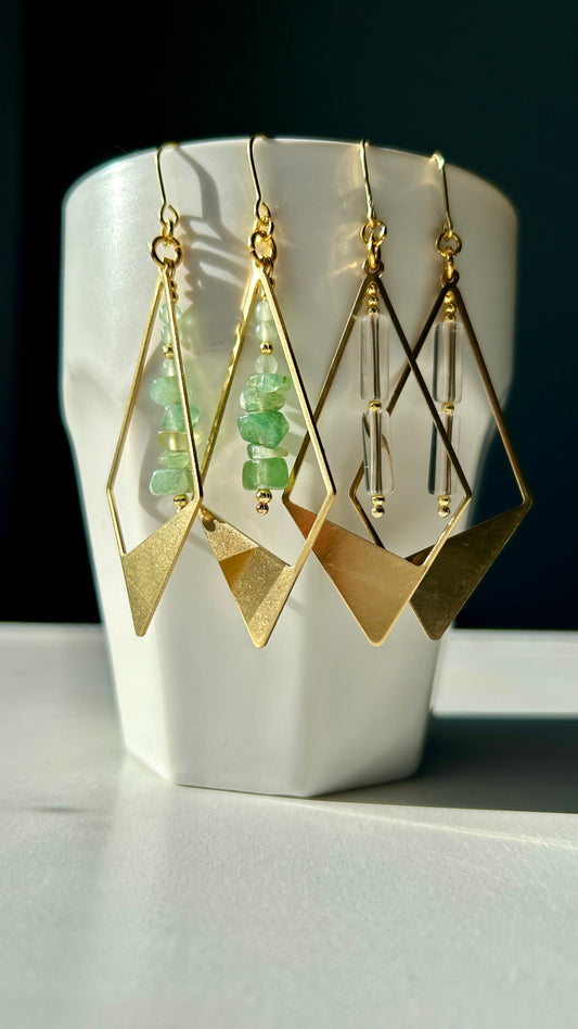 Jade Hollow Triangle Brass Earrings