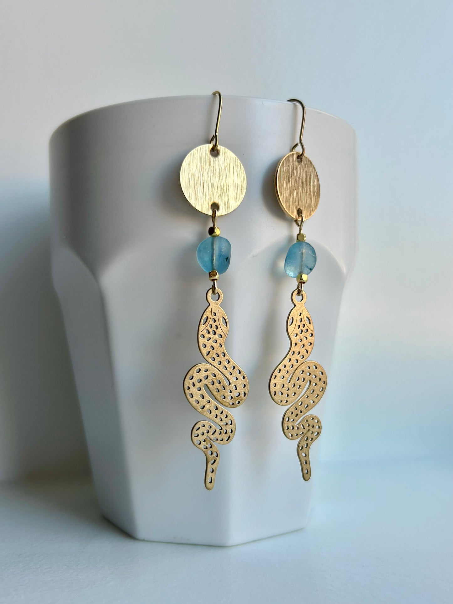 Aquamarine Snake Brass Earrings