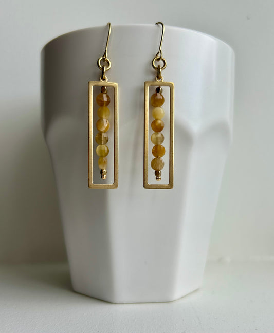 Golden Tiger Eye Rectangle Brass Earrings