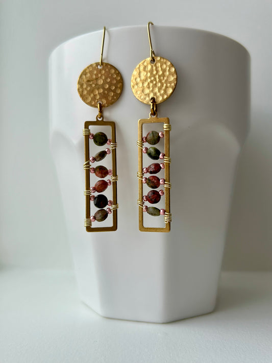 Unakite Wrapped Brass Earrings