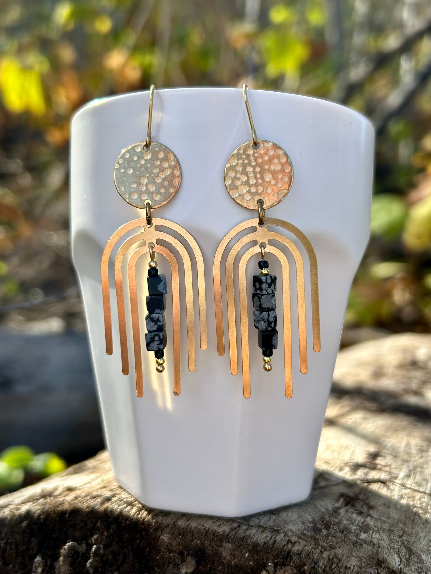 Snowflake Obsidian Arches Brass Earrings