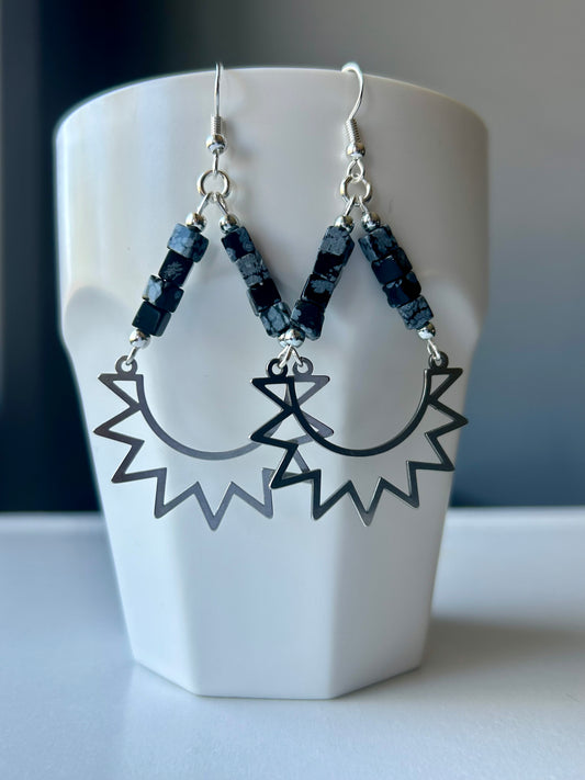 Snowflake Obsidian Half Sun Silver Earrings