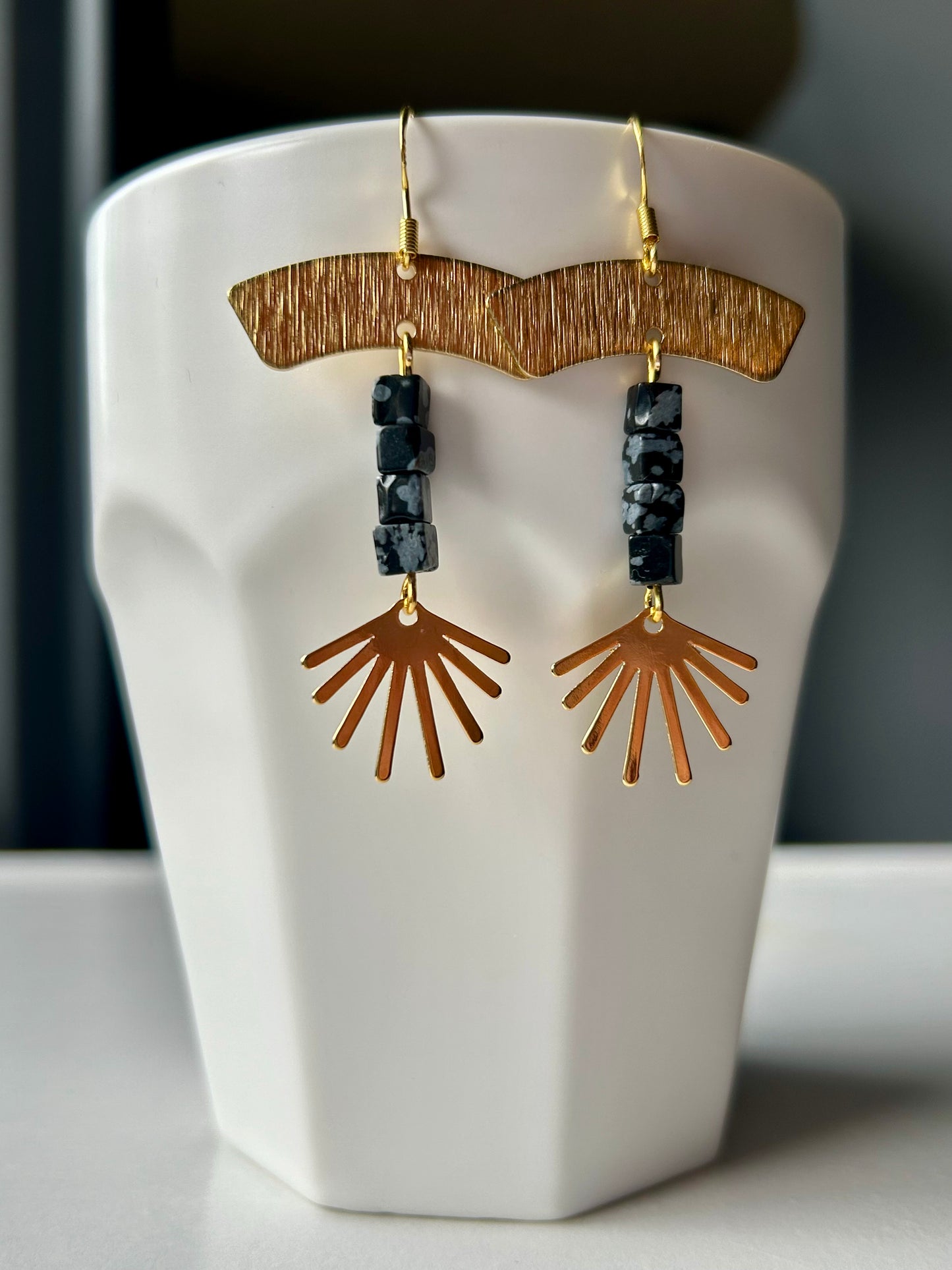 Sun Burst Snowflake Obsidian Brass Earrings