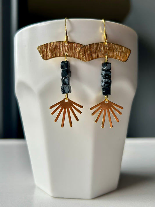 Sun Burst Snowflake Obsidian Brass Earrings