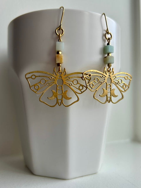 Amazonite Moth Brass Earrings