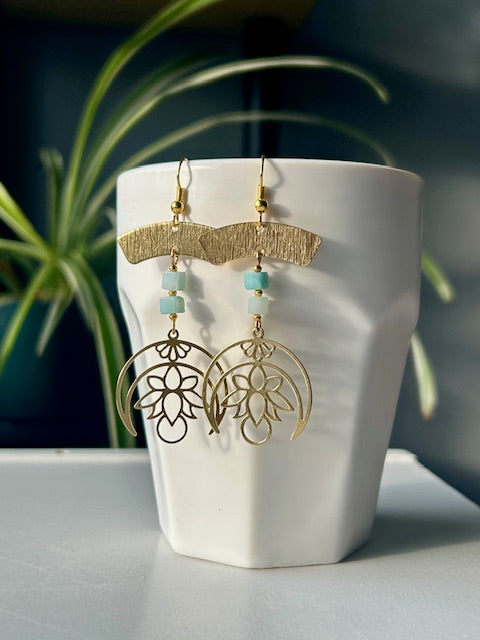 Amazonite Upside Down Lotus Brass Earring