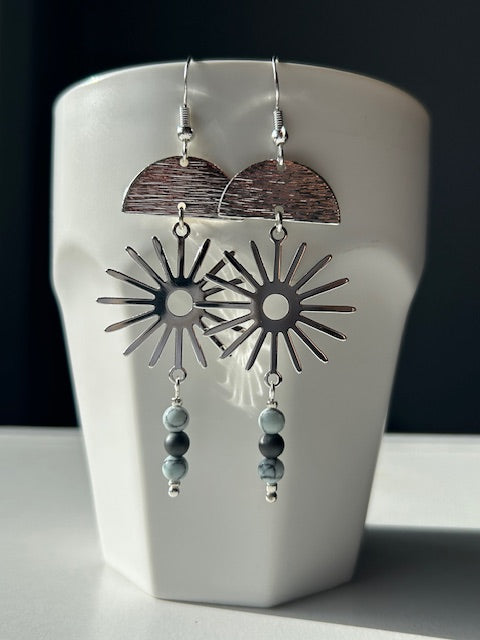 Black Lines Jasper Silver Sun Earrings