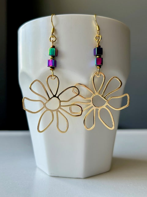 Hematite Daisy 24K Gold Plated Earrings