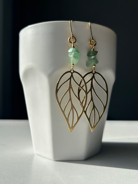 Jade Brass Leaf Earrings