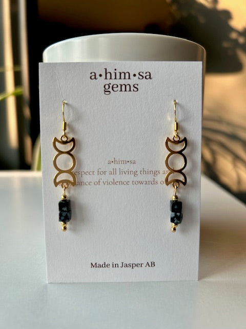 Tiny Moon Phases Snowflake Obsidian Brass Earrings